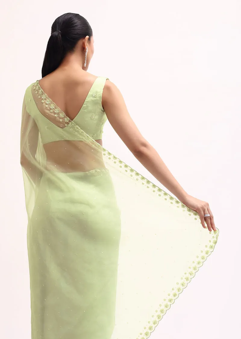 Pista Green Organza Saree In Sequins