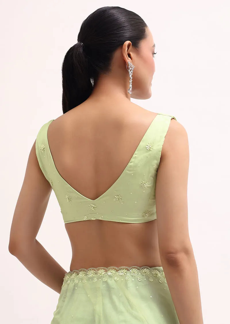 Pista Green Organza Saree In Sequins