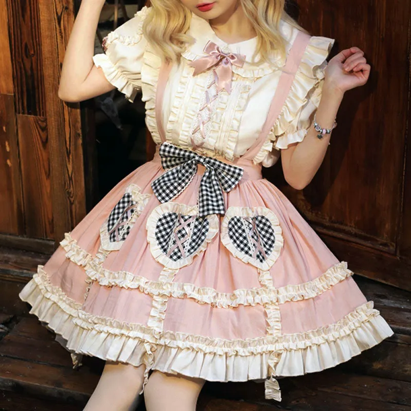 Plaid Bow Skirt Lace Top Set