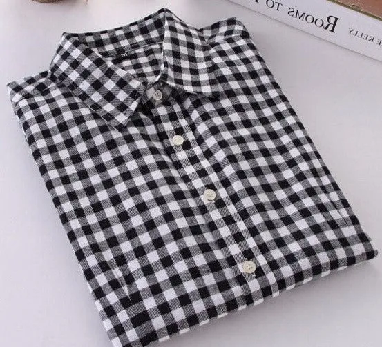 Plaid Shirt Female College style women's Blouses Long Sleeve Flannel Shirt Cotton Office tops