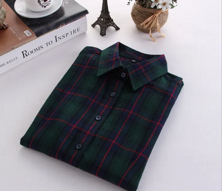 Plaid Shirt Female College style women's Blouses Long Sleeve Flannel Shirt Cotton Office tops
