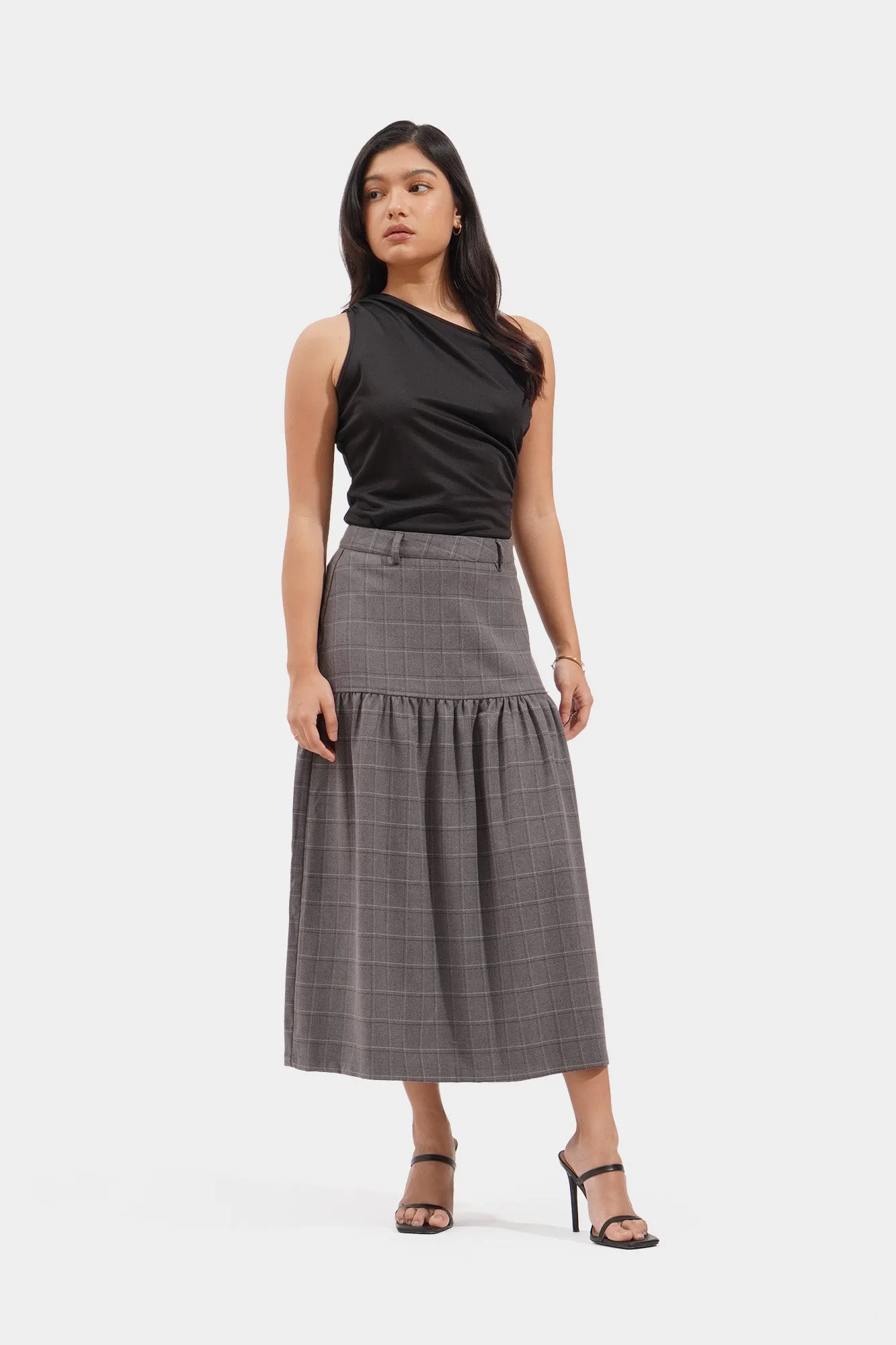 Plaid Tiered Midi Skirt