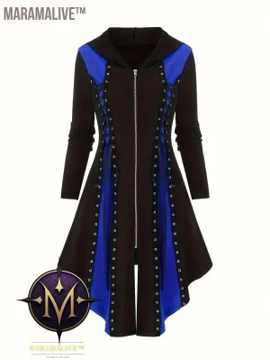 Plus Size Colorblock Zip Front Hooded Dress, Vintage Gothic Eyelet Detail Long Sleeve Dress, Women's Plus Size Clothing