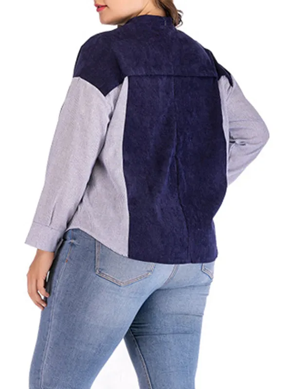 Plus Size Round Neck Striped Stitching Contrast Long-sleeved T-shirt