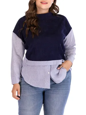 Plus Size Round Neck Striped Stitching Contrast Long-sleeved T-shirt