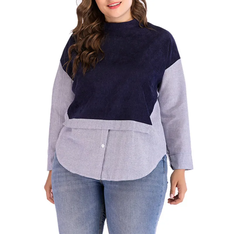 Plus Size Round Neck Striped Stitching Contrast Long-sleeved T-shirt