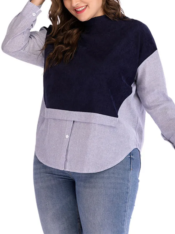 Plus Size Round Neck Striped Stitching Contrast Long-sleeved T-shirt