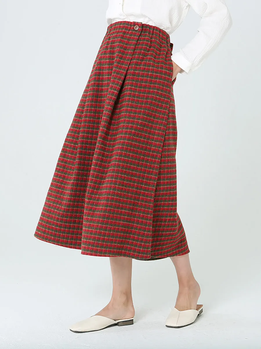 Plus Size Women Plaid Loose Spring Pocket Elastic Waist Skirt