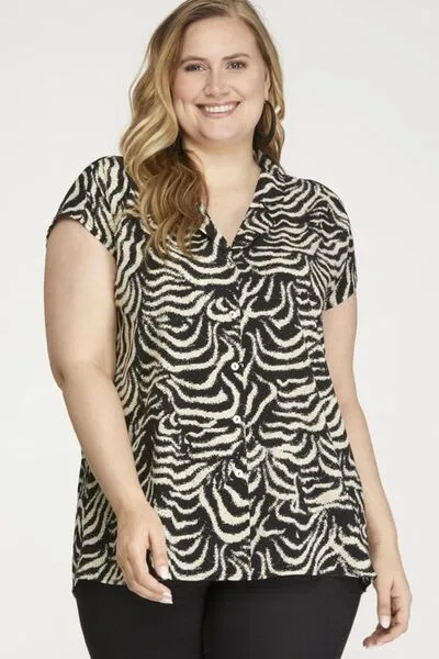 Printed Button Down Cap Sleeve Shirt