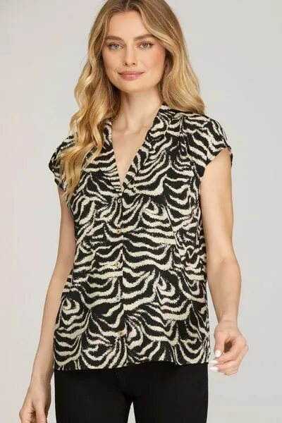 Printed Button Down Cap Sleeve Shirt