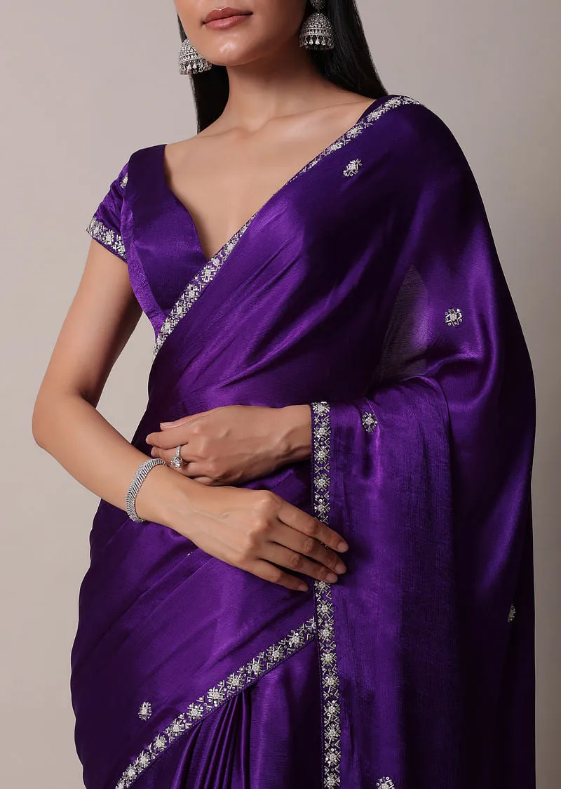 Purple Satin Chinon Saree With Stone Embellishments