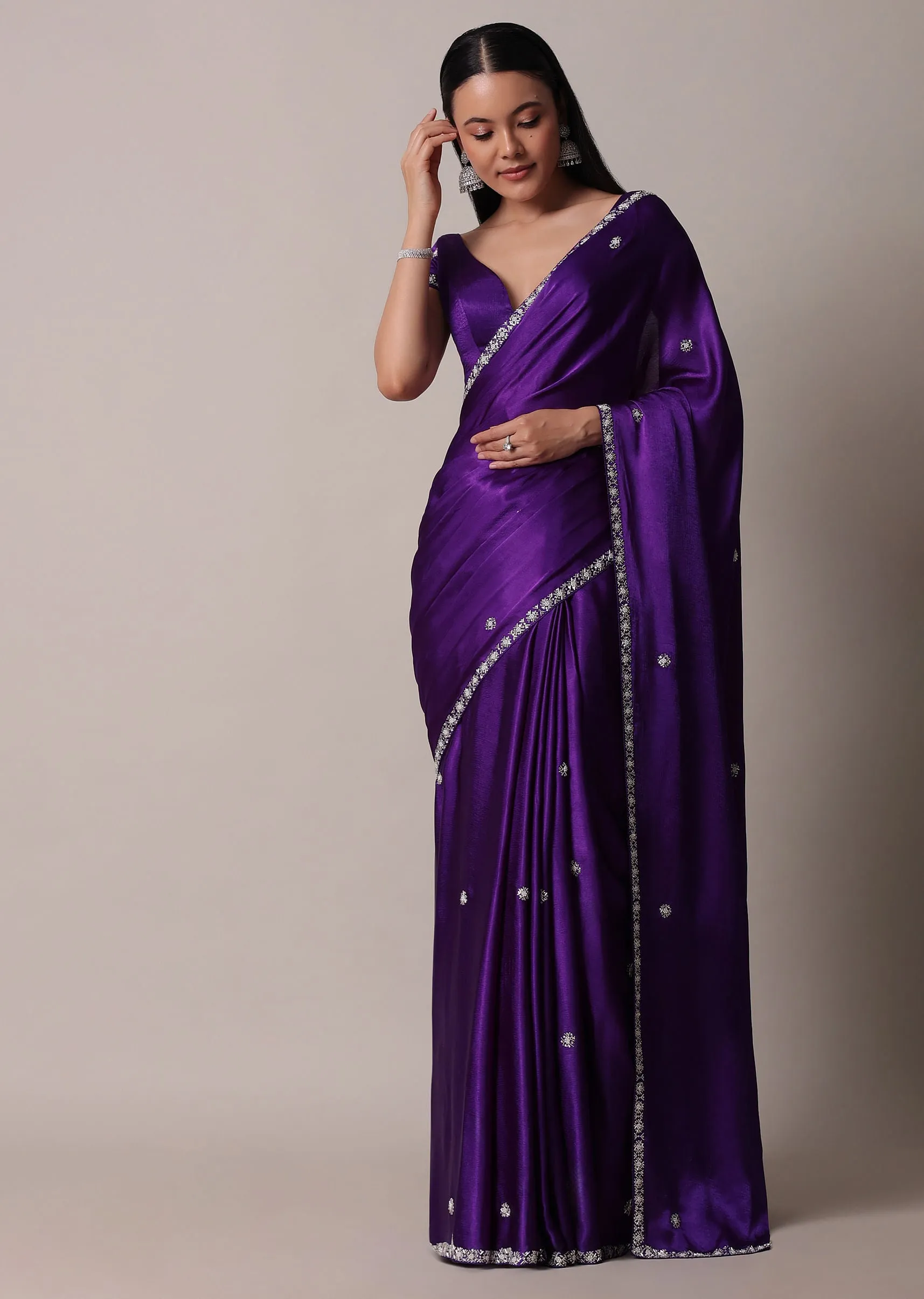 Purple Satin Chinon Saree With Stone Embellishments