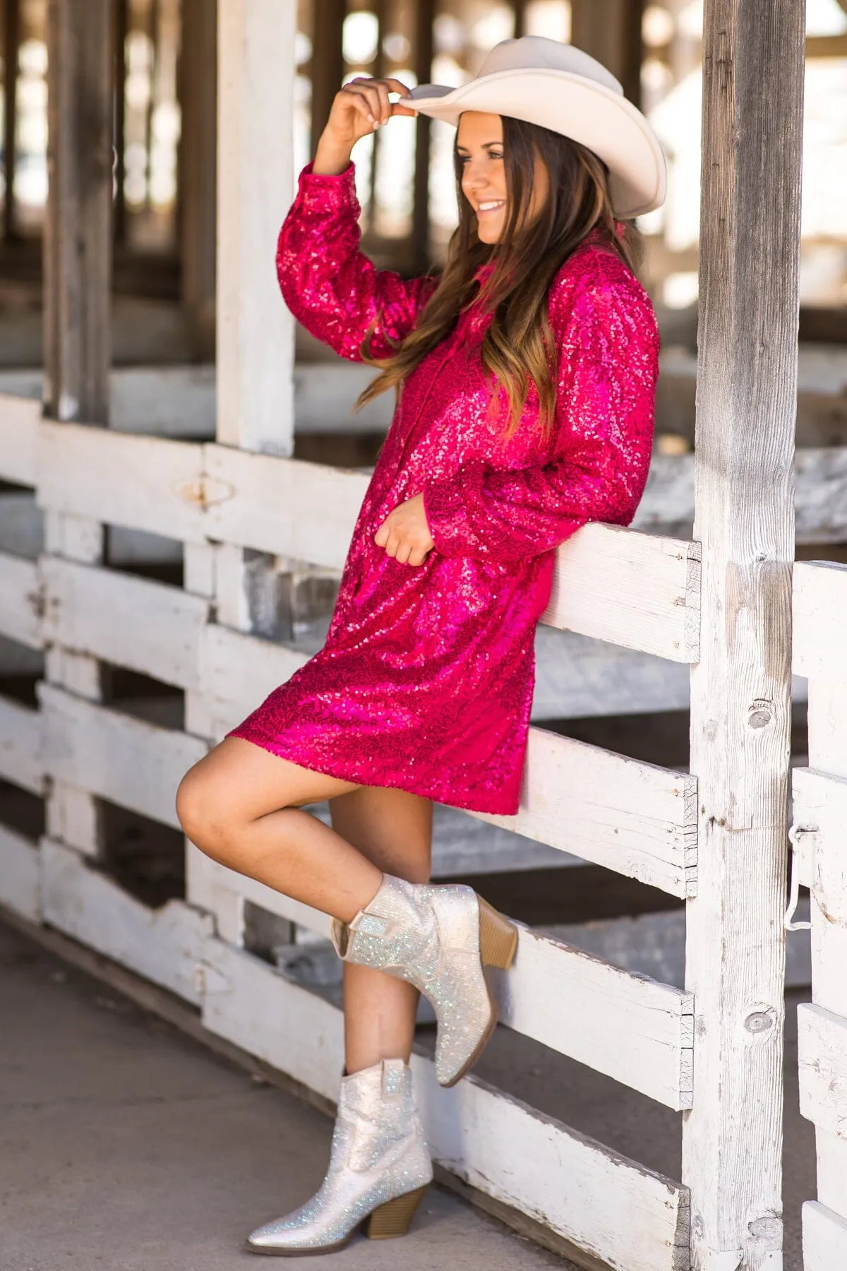 Raspberry Sequin Shirt Dress