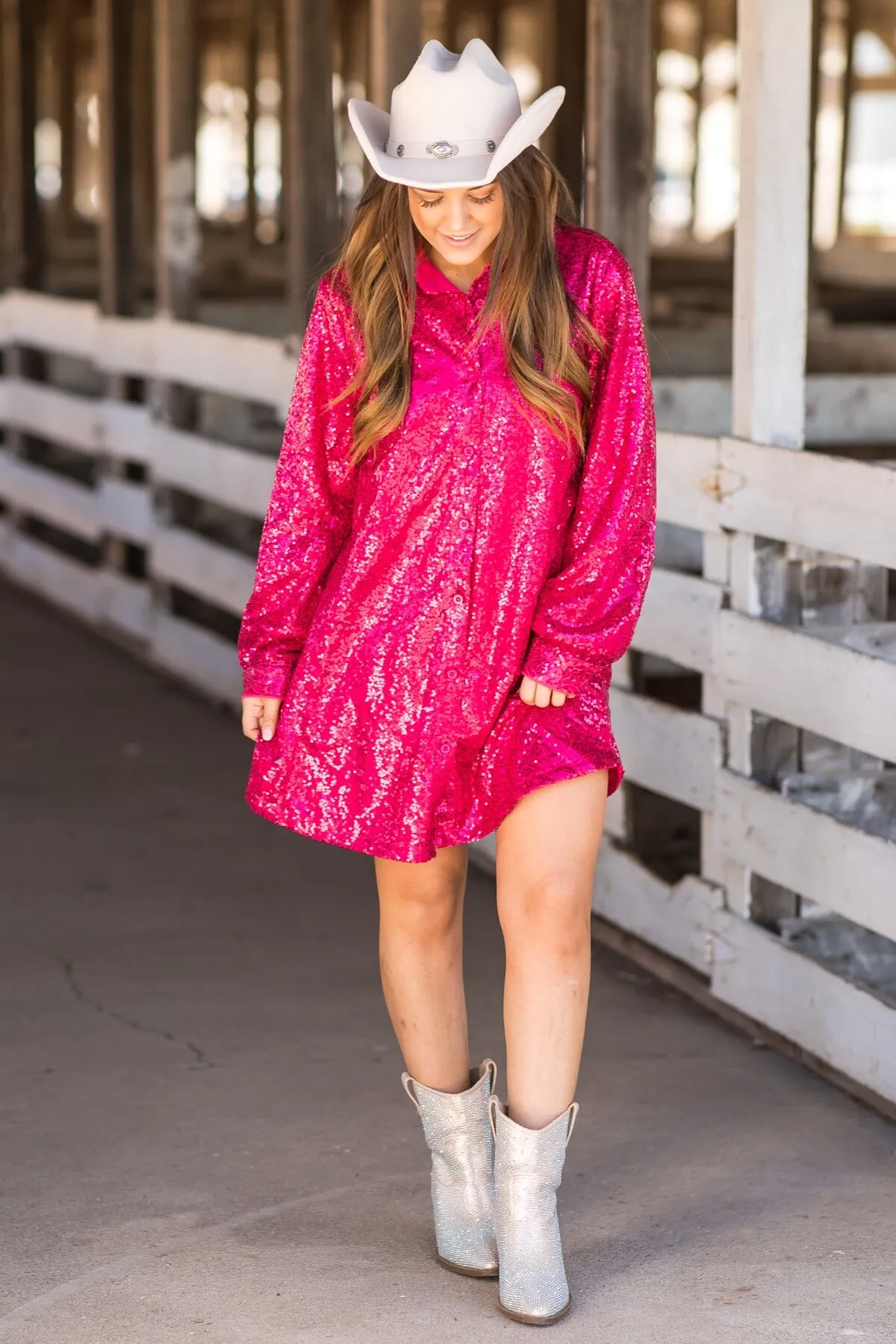 Raspberry Sequin Shirt Dress