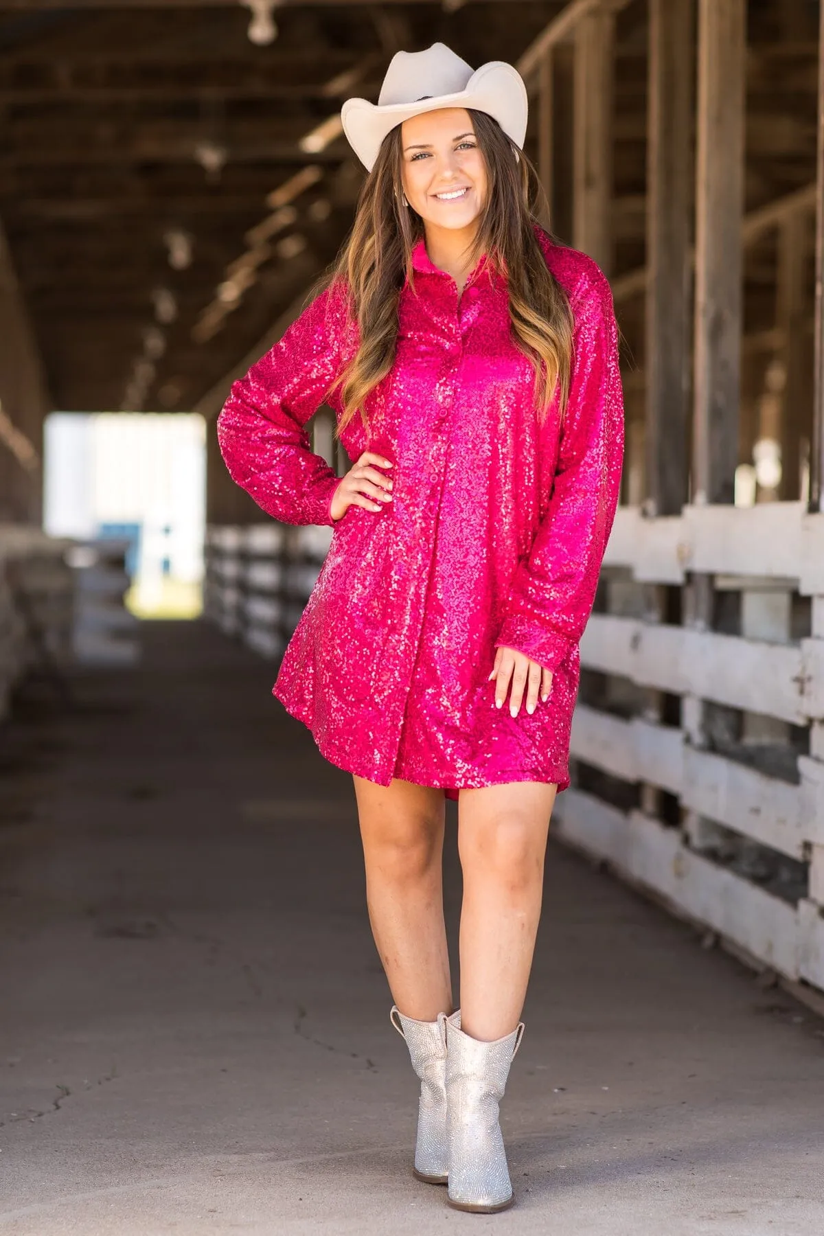 Raspberry Sequin Shirt Dress