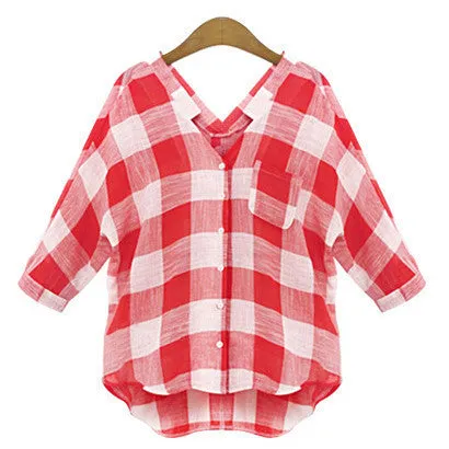 Red Plaid Women Shirts Elegant Big Square Patchwork Deep V Neck Long Women Shirts For day Plus Size
