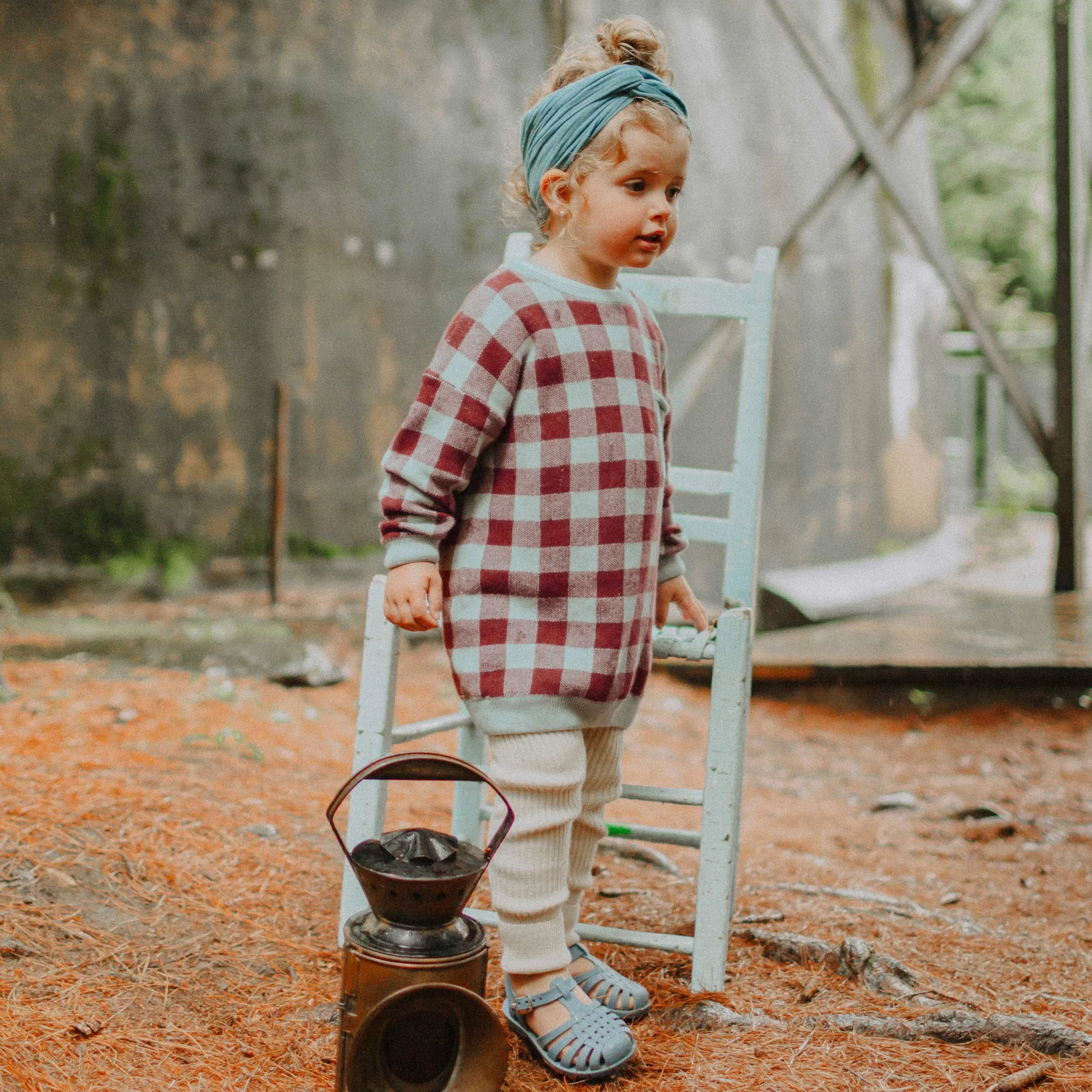 Robe à carreaux bleu et rouille en maille, bébé || Blue and rust plaid dress in knitwear, baby