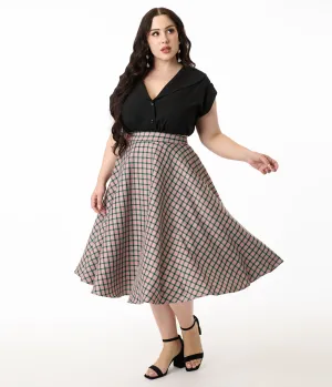 Royal Monk Plus Size 1950s Pink Plaid Swing Skirt