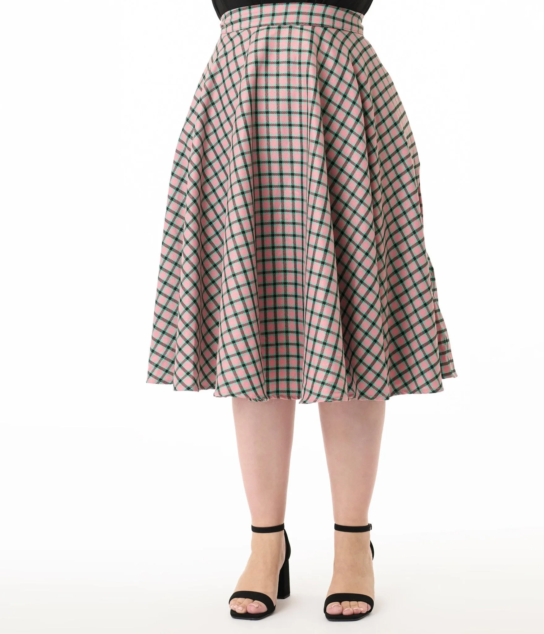 Royal Monk Plus Size 1950s Pink Plaid Swing Skirt