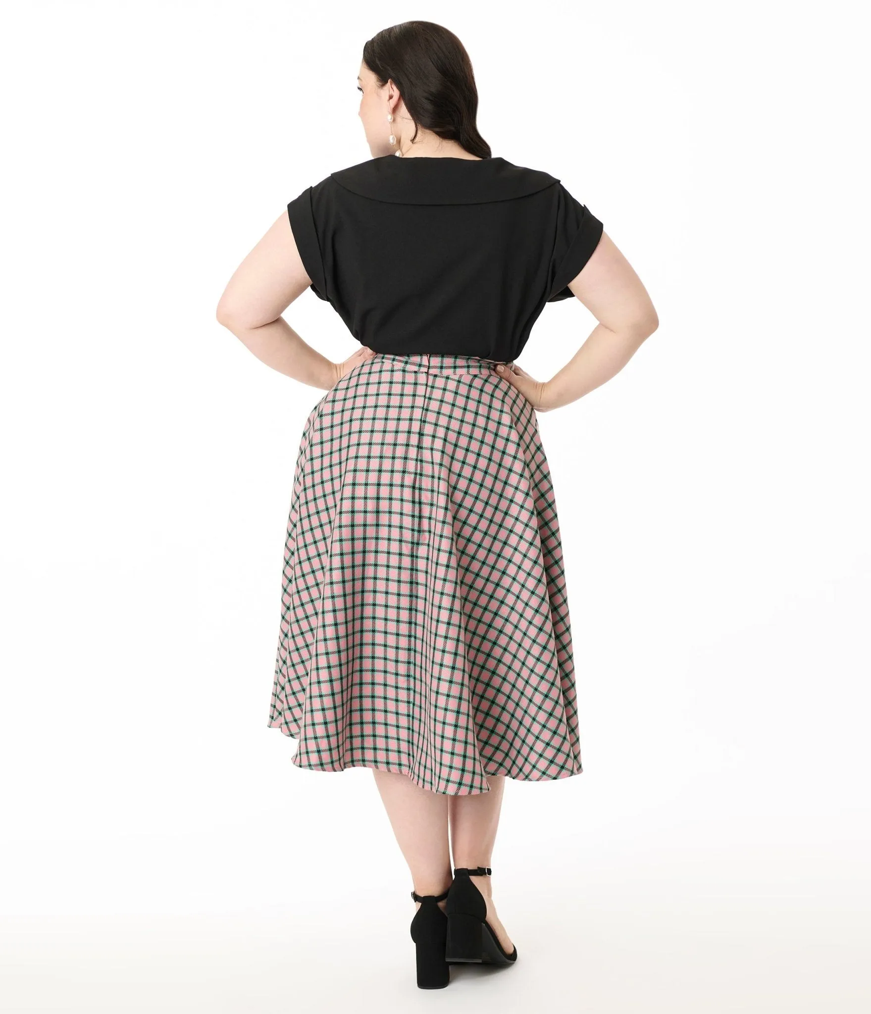 Royal Monk Plus Size 1950s Pink Plaid Swing Skirt