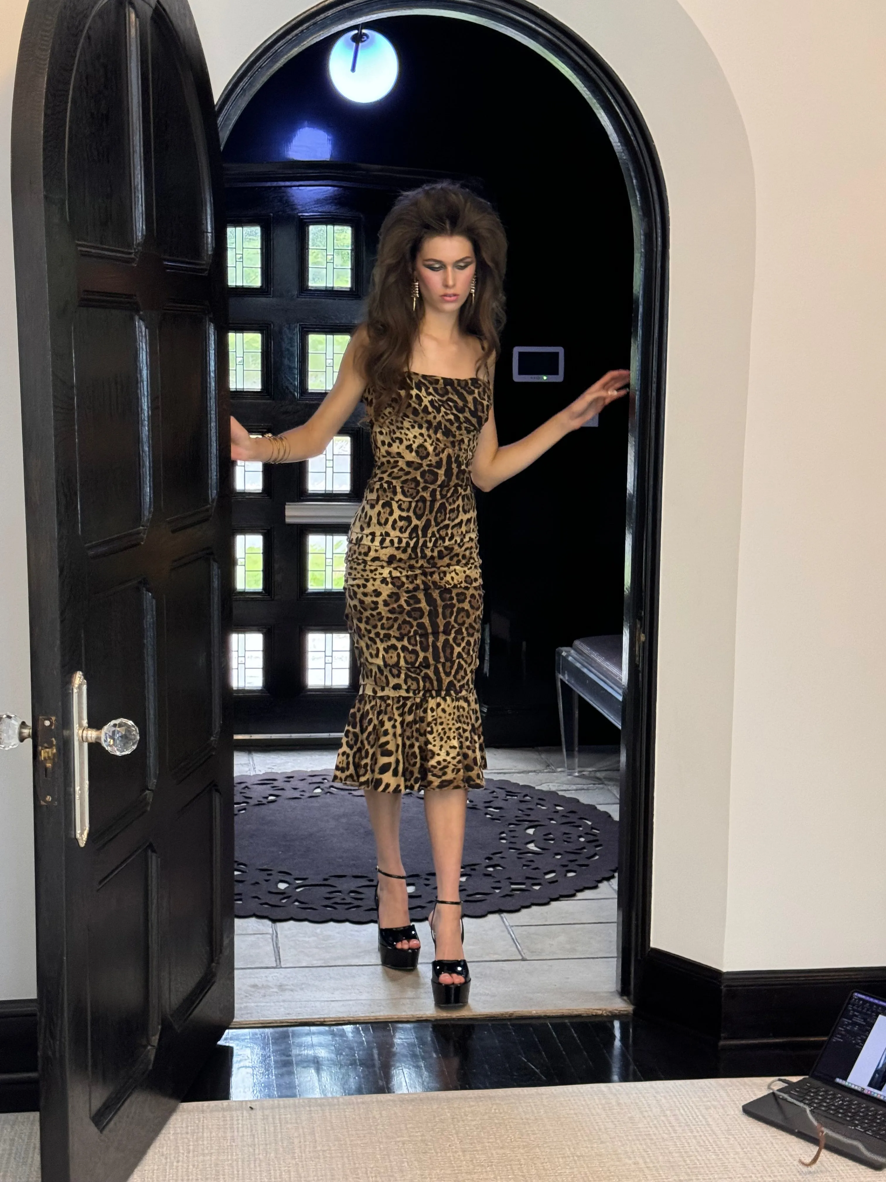 Ruched Leopard Print Silk Cady Midi Dress