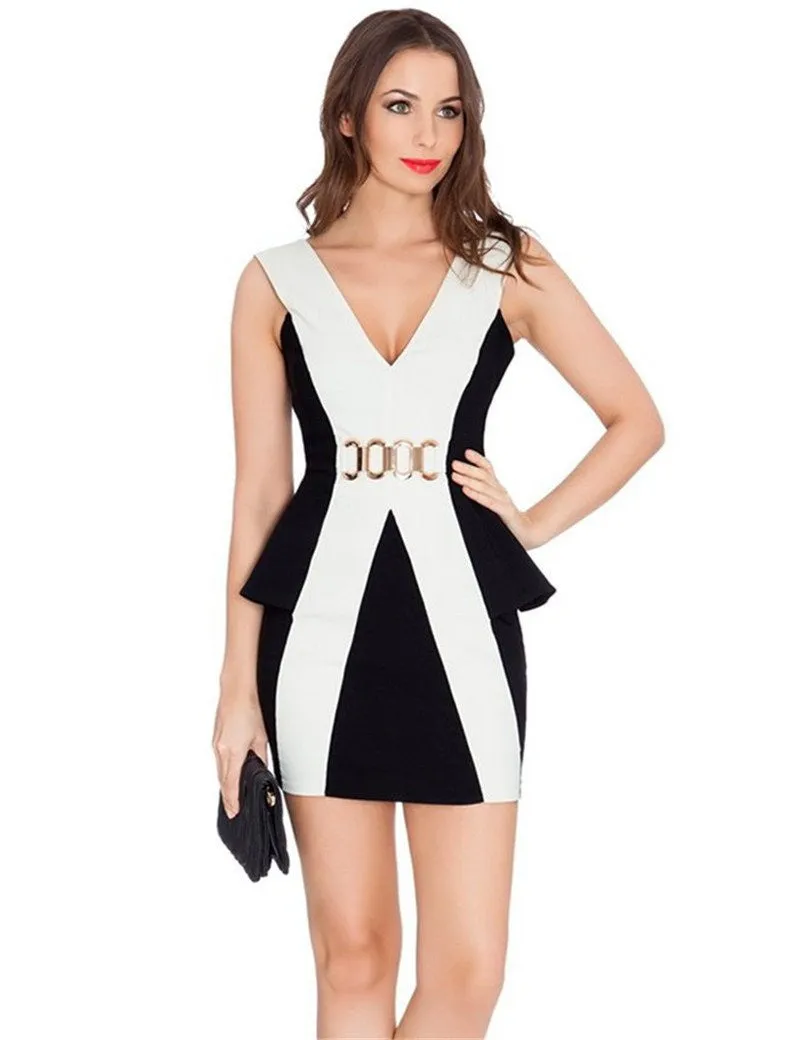 short dress V-neck sleeveless peplum dress