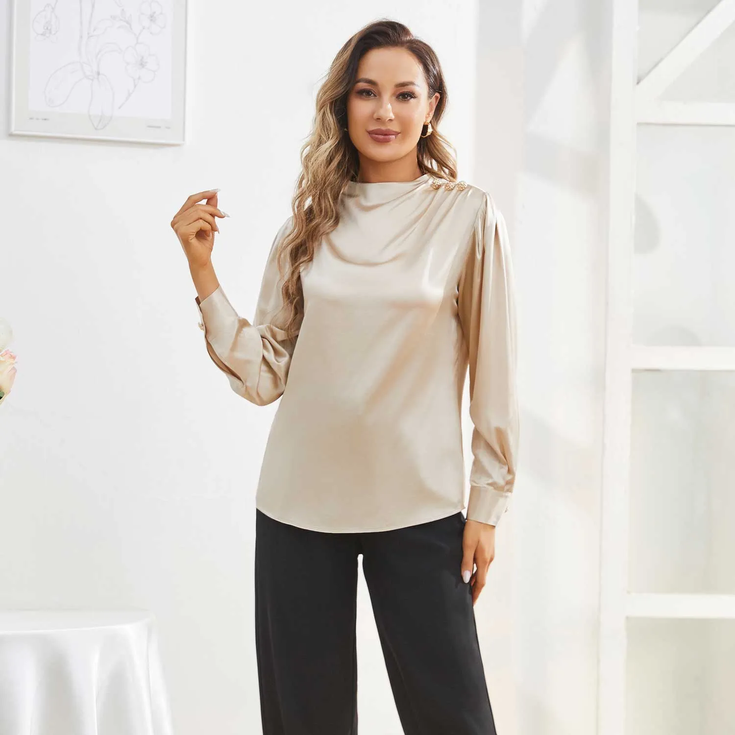 Silk Blouses For Women Dressy Long Mock Neck Silk Shirts