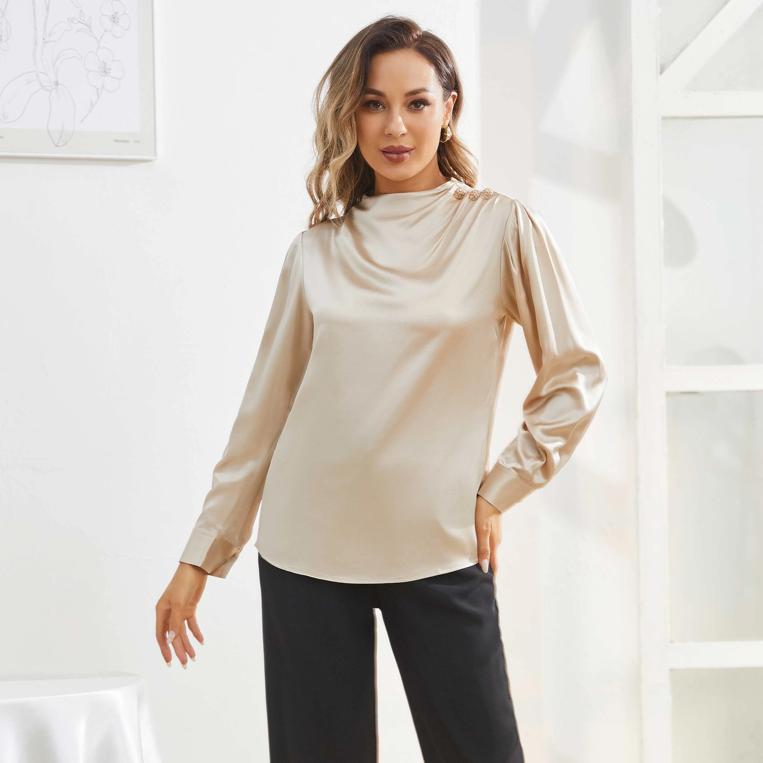 Silk Blouses For Women Dressy Long Mock Neck Silk Shirts
