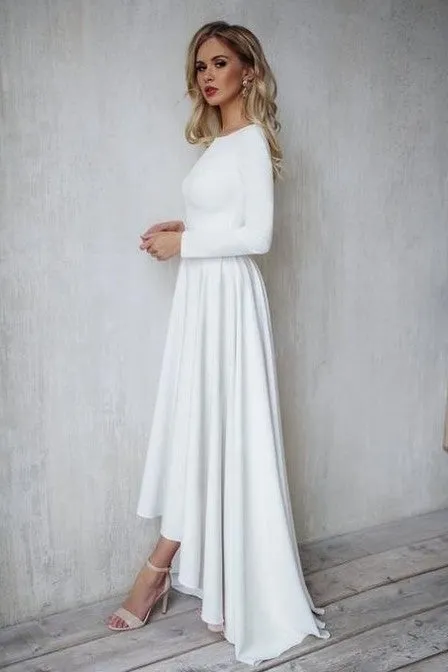 Simple Hi-lo Bridal Gown with Long Sleeves