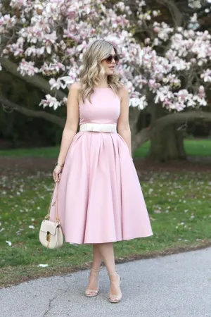 Sleeveless Satin Short Pink Bridesmaid Gown with Bow Belt