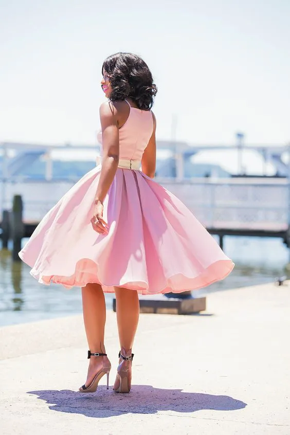 Sleeveless Satin Short Pink Bridesmaid Gown with Bow Belt