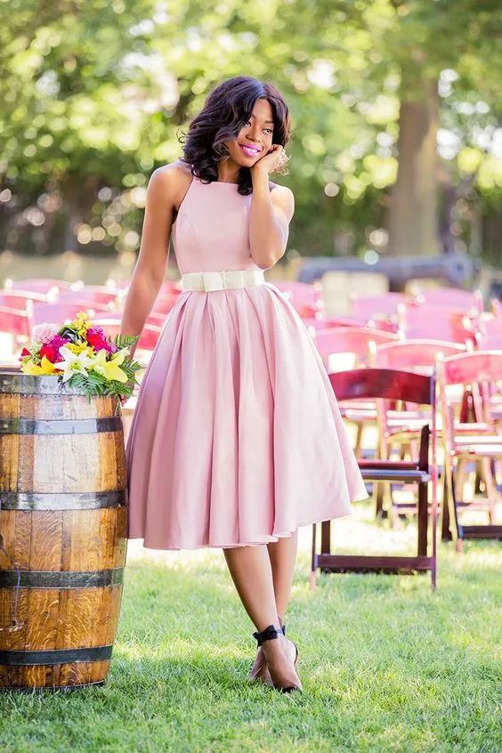 Sleeveless Satin Short Pink Bridesmaid Gown with Bow Belt