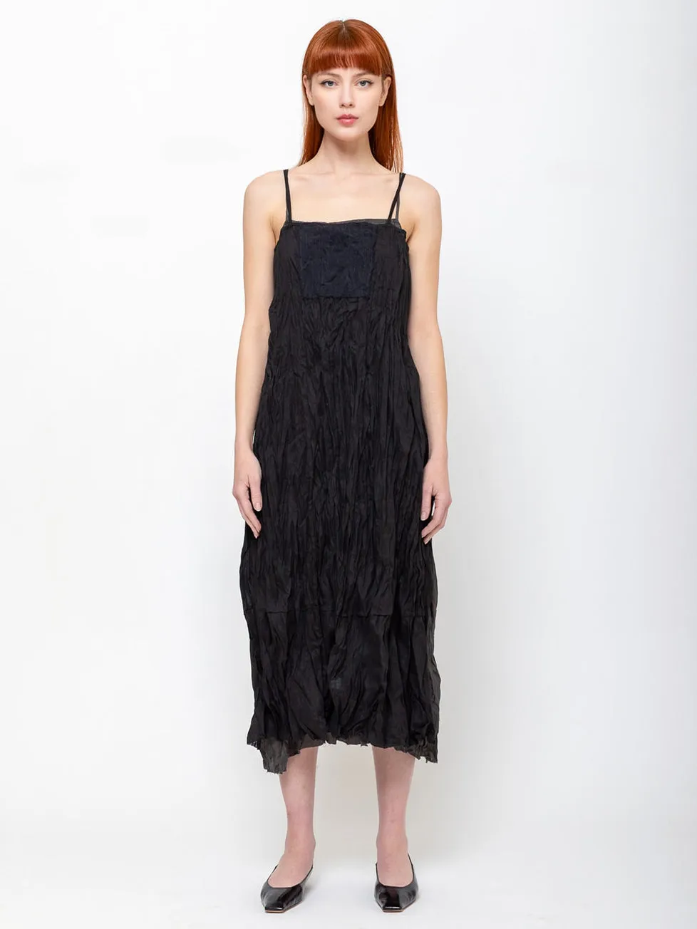 Slip Dress with Gauze Apron - Black