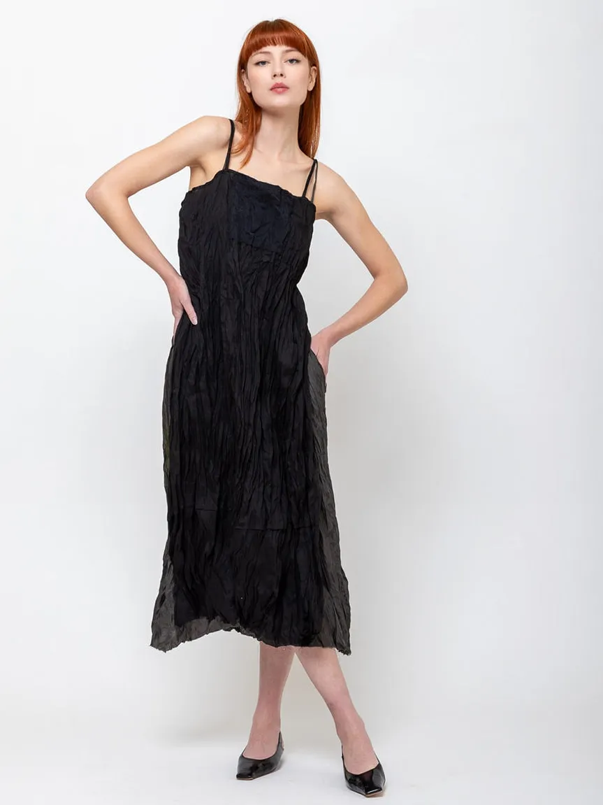 Slip Dress with Gauze Apron - Black
