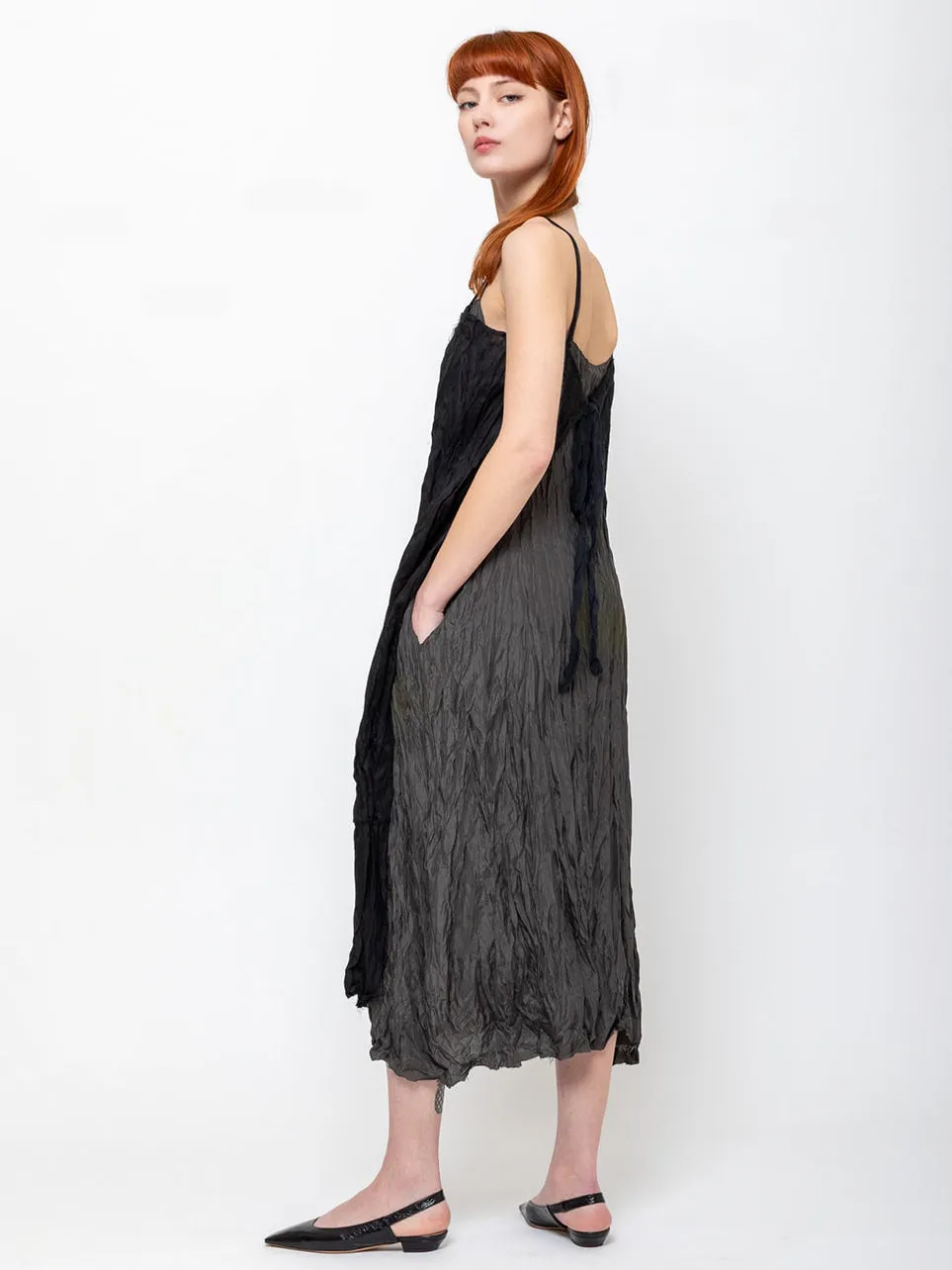 Slip Dress with Gauze Apron - Black