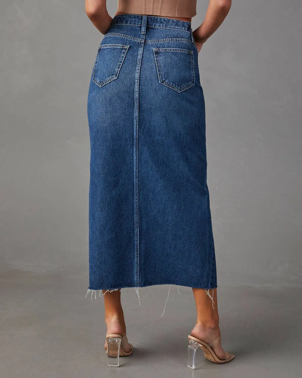 Slit Denim Midi Skirt: Light Blue / 2XL