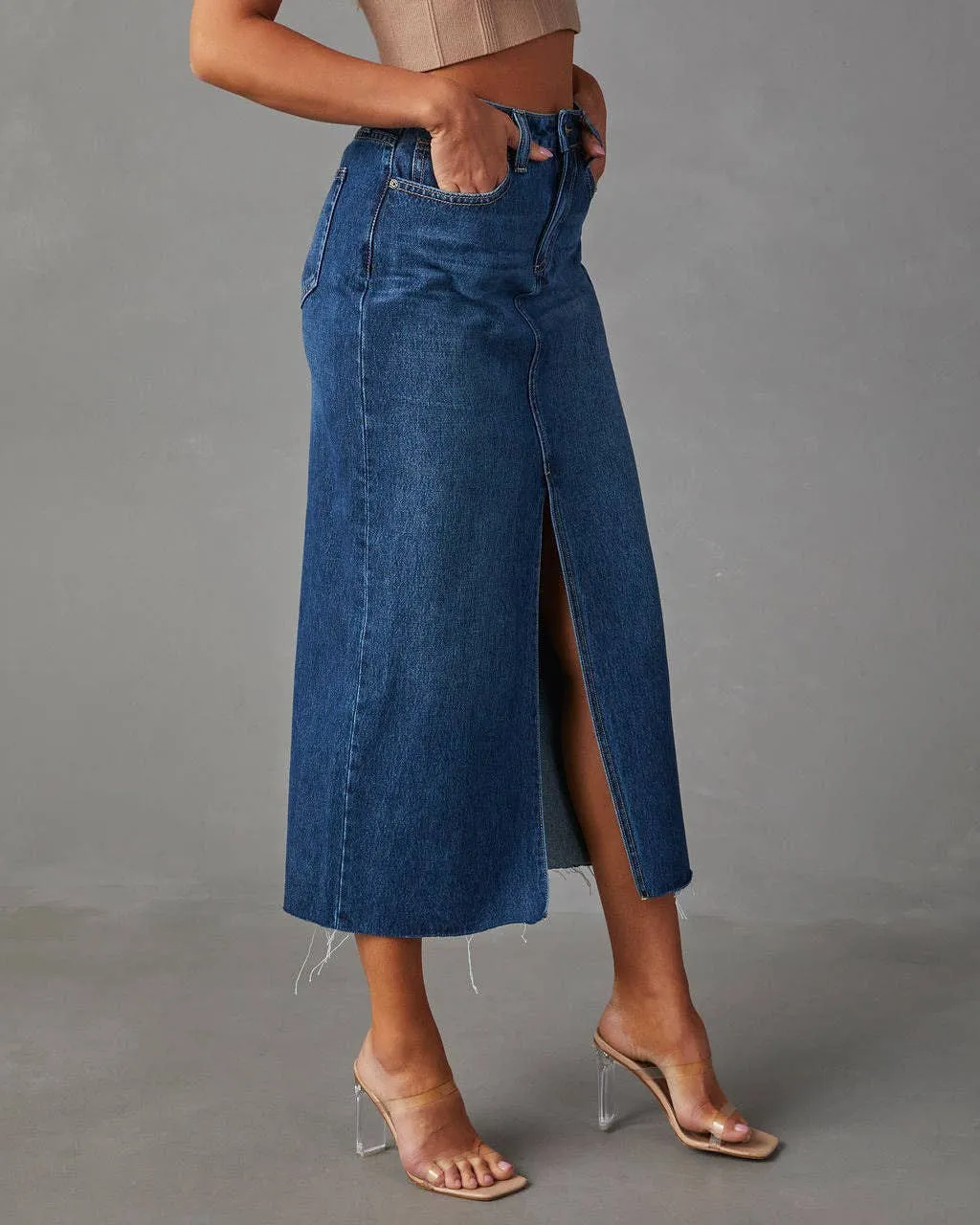 Slit Denim Midi Skirt: Light Blue / 2XL