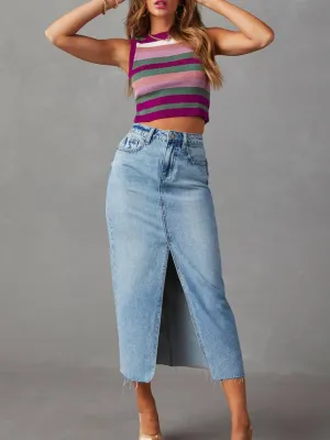 Slit Denim Midi Skirt: Light Blue / 2XL