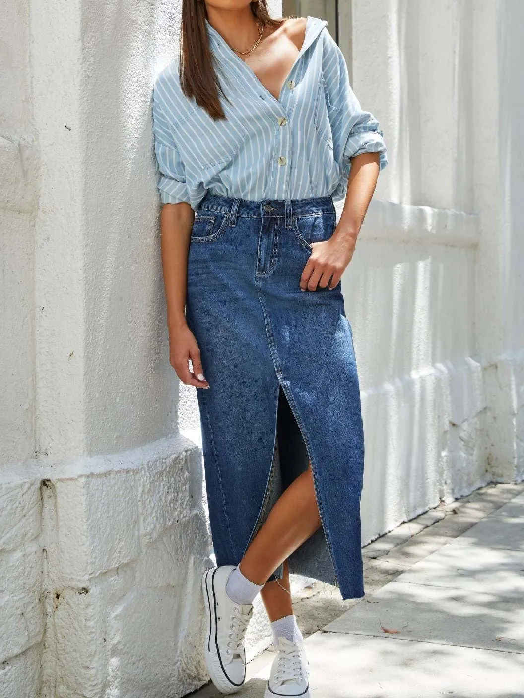 Slit Denim Midi Skirt: Light Blue / 2XL