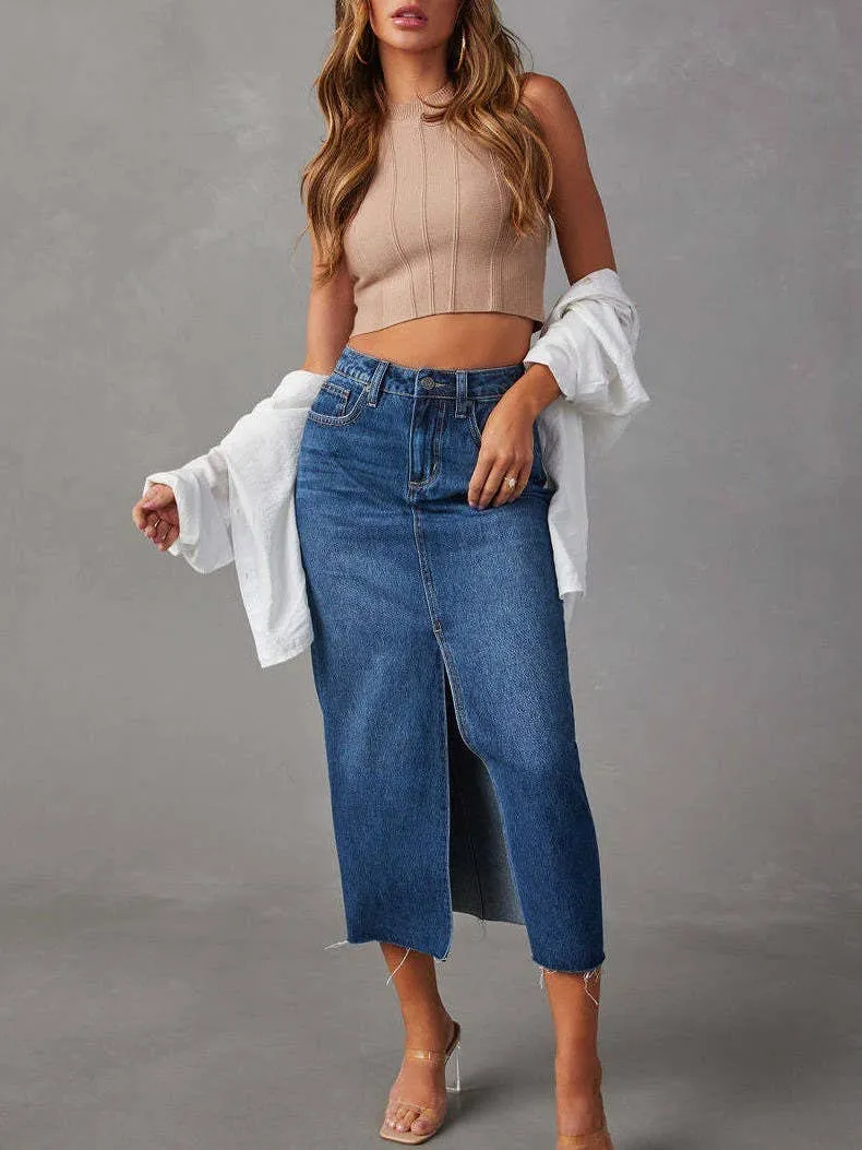 Slit Denim Midi Skirt: Light Blue / 2XL