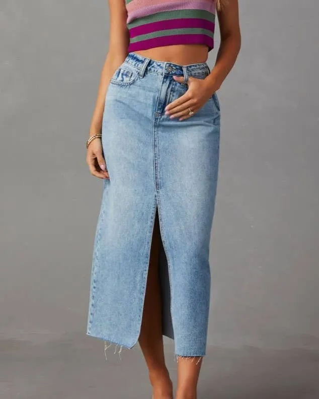 Slit Denim Midi Skirt: Light Blue / 2XL