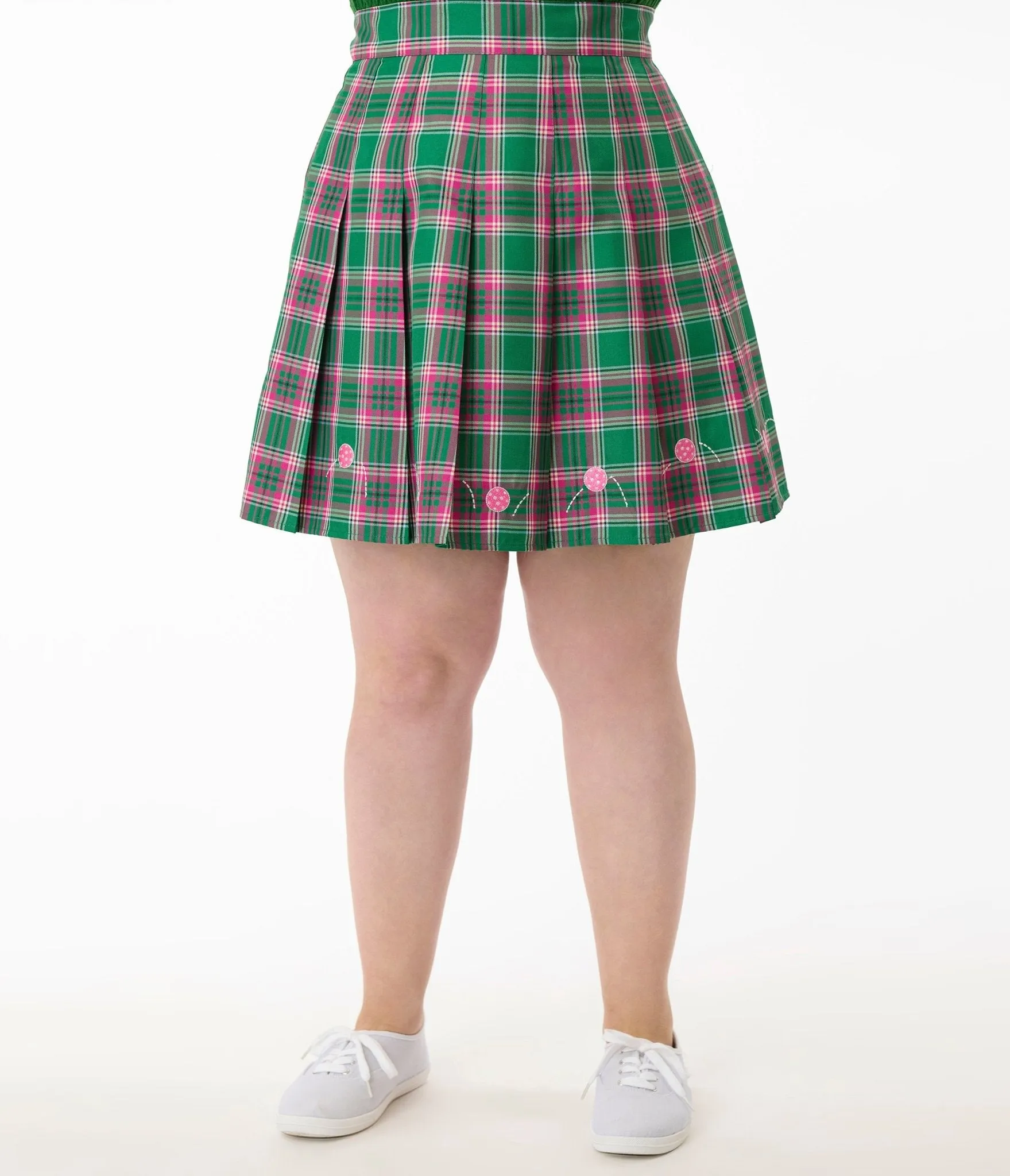 Smak Parlour Plus Size Pink & Green Plaid Pickleball Pleated Mini Skirt