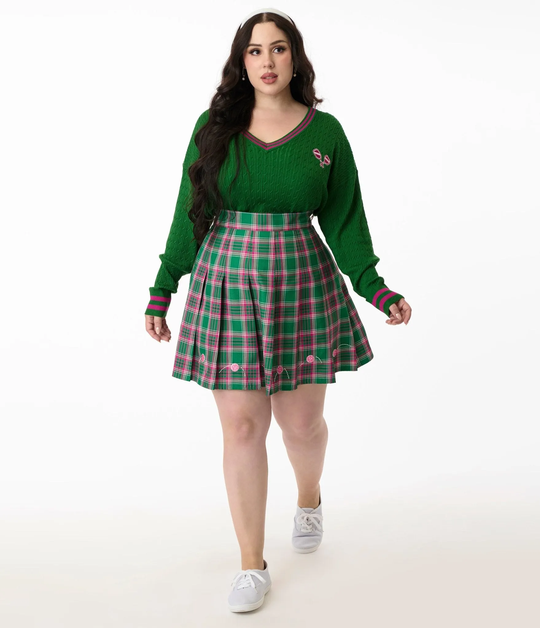 Smak Parlour Plus Size Pink & Green Plaid Pickleball Pleated Mini Skirt