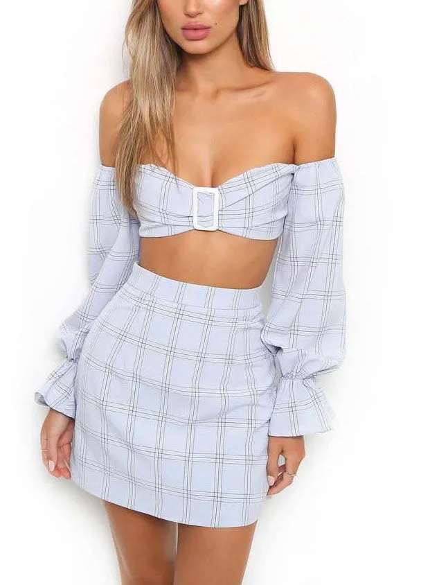 Spring and Summer Women's Trumpet Sleeve Tube Top Two Piece Plaid Dress