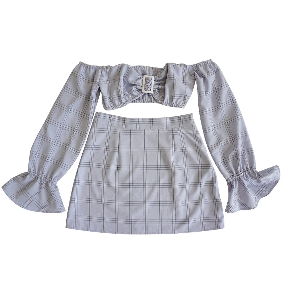 Spring and Summer Women's Trumpet Sleeve Tube Top Two Piece Plaid Dress