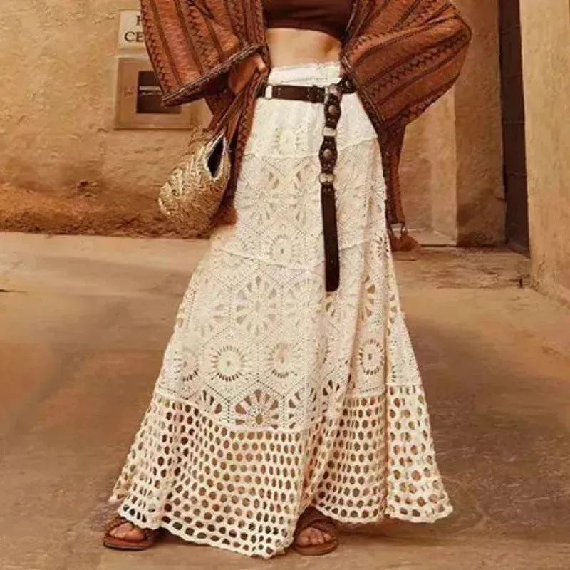 Spring Summer Crochet Lace Patchwork A- Line Beach Skirt Holiday Style Hollow-out flared flowy Maxi Skirt