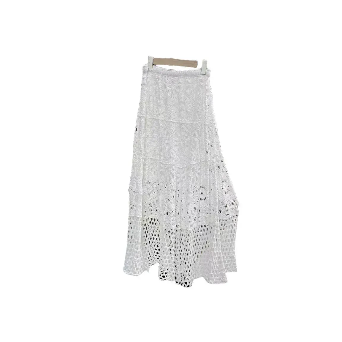 Spring Summer Crochet Lace Patchwork A- Line Beach Skirt Holiday Style Hollow-out flared flowy Maxi Skirt