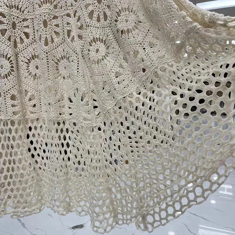 Spring Summer Crochet Lace Patchwork A- Line Beach Skirt Holiday Style Hollow-out flared flowy Maxi Skirt