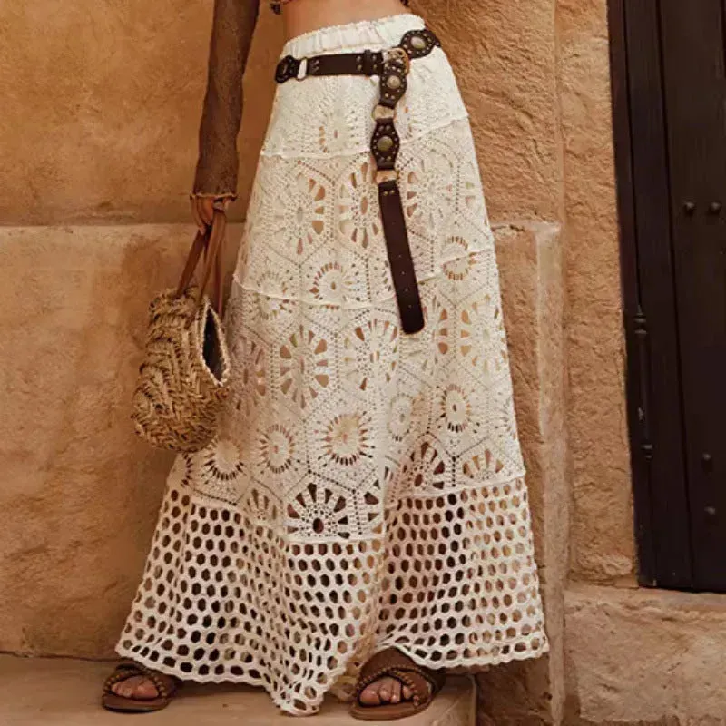 Spring Summer Crochet Lace Patchwork A- Line Beach Skirt Holiday Style Hollow-out flared flowy Maxi Skirt