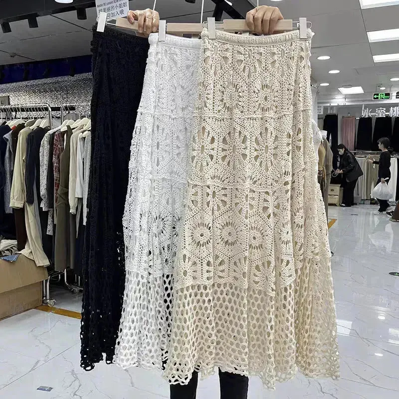 Spring Summer Crochet Lace Patchwork A- Line Beach Skirt Holiday Style Hollow-out flared flowy Maxi Skirt